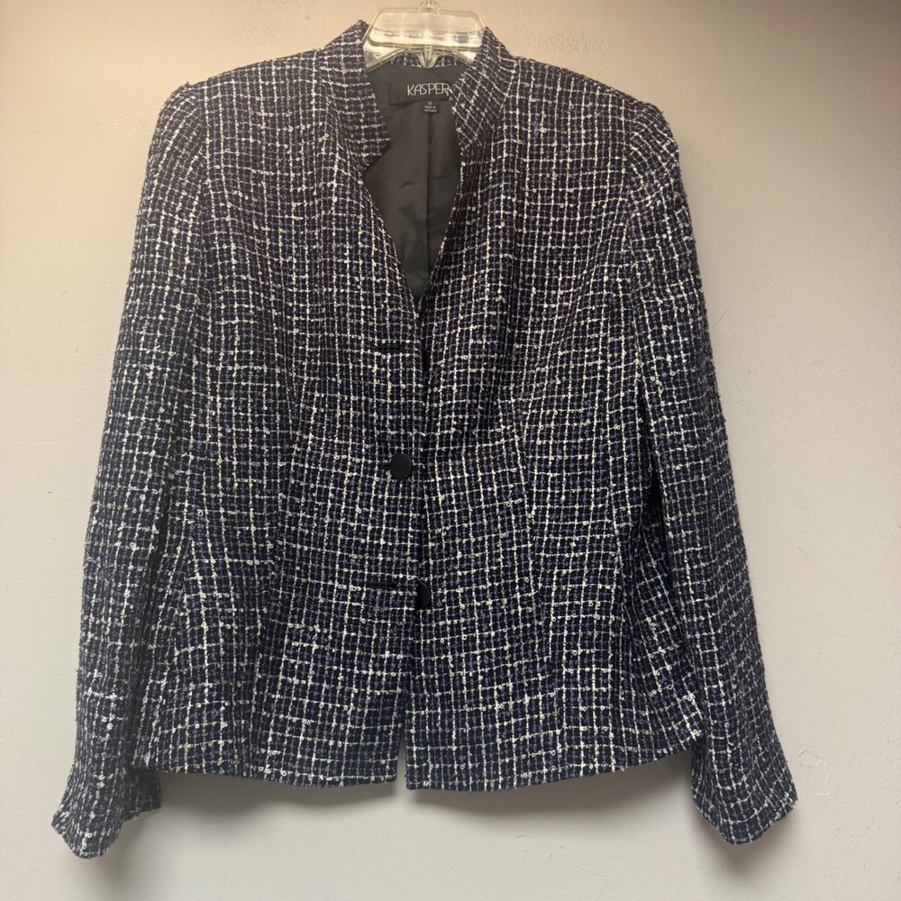 Kasper Blazer Women 10 Navy Blue Excellent Silk Blend Tweed Stand Collar Jacket